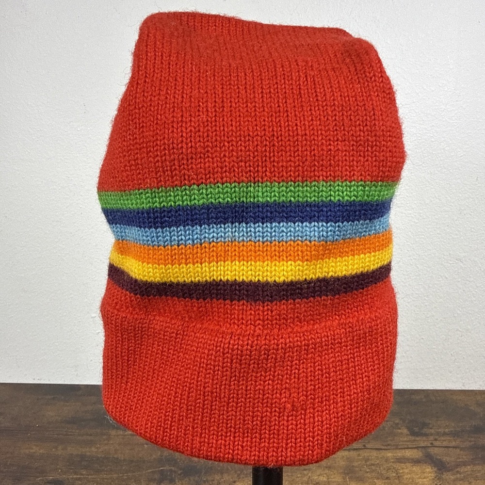 Vintage Wigwam Mills Wool Beanie Made in USA Retro Striped Outdoor Knit Hat Red